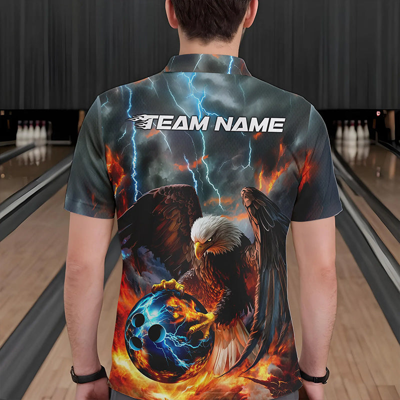 Custom Blue Thunder Lightning Flame Eagle Bowling Polo Shirts For Men, Bowling League Shirt IPHW8450