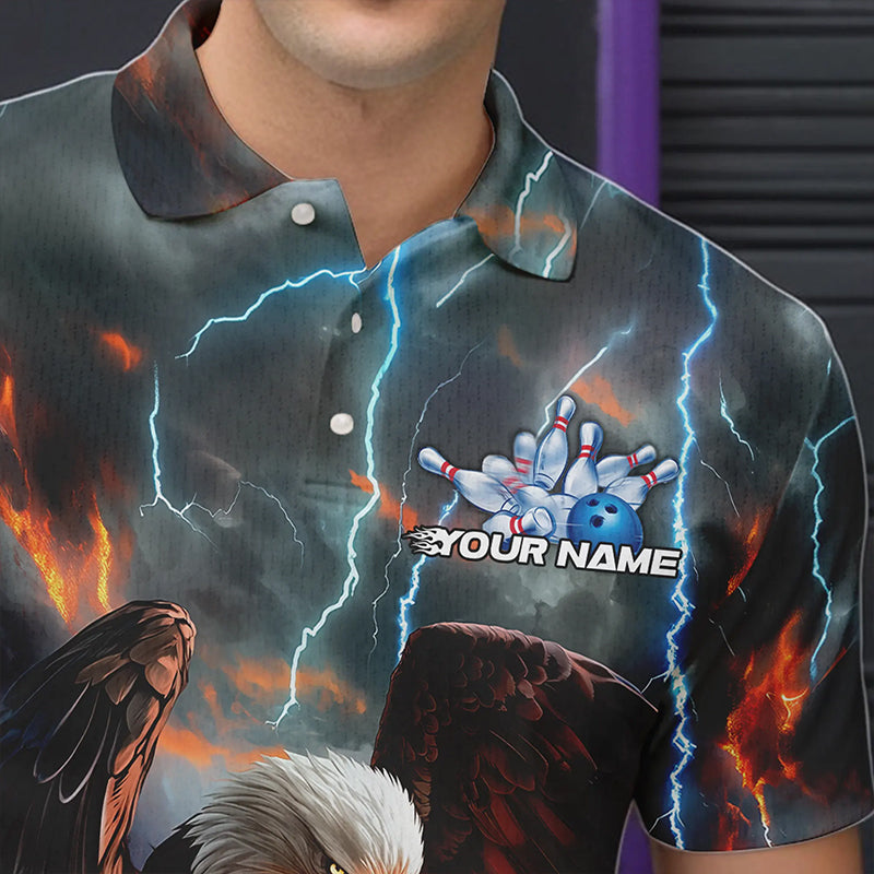 Custom Blue Thunder Lightning Flame Eagle Bowling Polo Shirts For Men, Bowling League Shirt IPHW8450