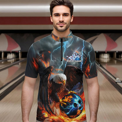 Custom Blue Thunder Lightning Flame Eagle Bowling Quarter-Zip Shirts For Men, Bowling League Shirt IPHW8450