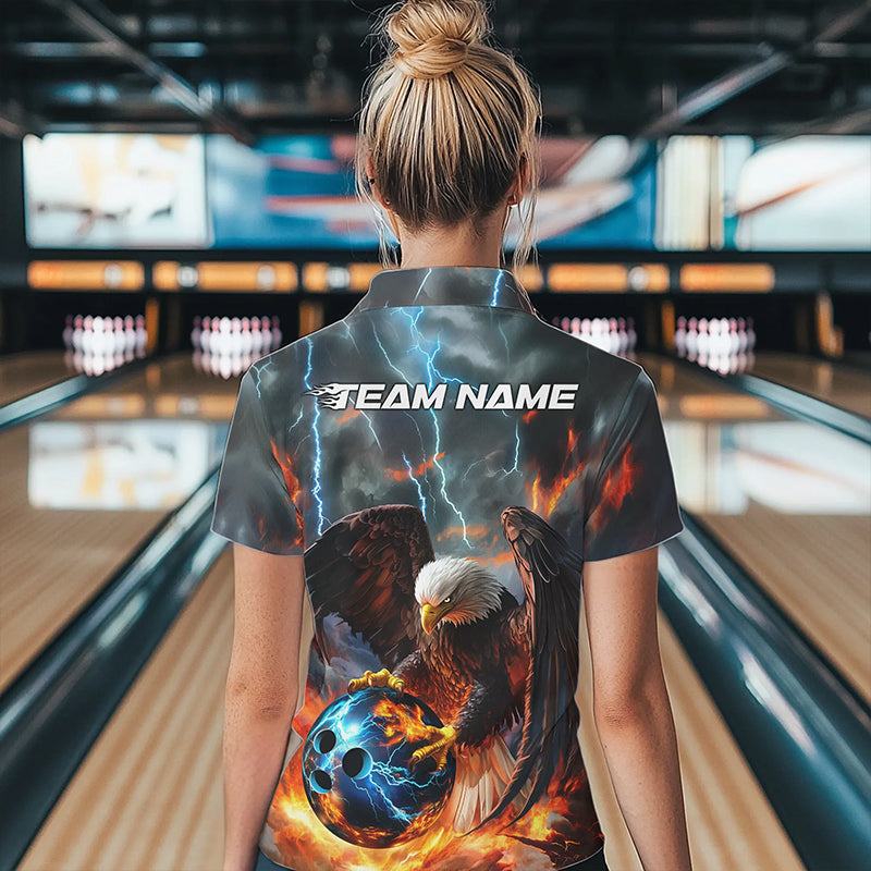 Custom Blue Thunder Lightning Flame Eagle Ladies Bowling League Quarter-Zip Shirt IPHW8450