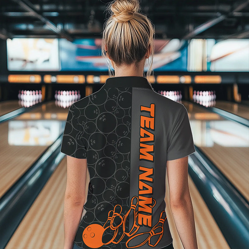 Custom Black And Orange Strike Ladies Bowling Quarter-Zip Shirt, Striking Bowling Jerseys IPHW8457