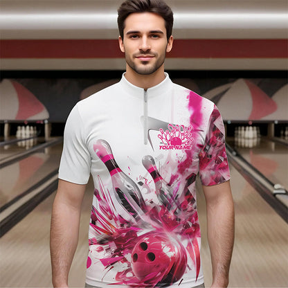 Custom White And Pink Custom Bowling Quarter-Zip Shirts For Men, Bowling Tournament Team Shirt IPHW8460