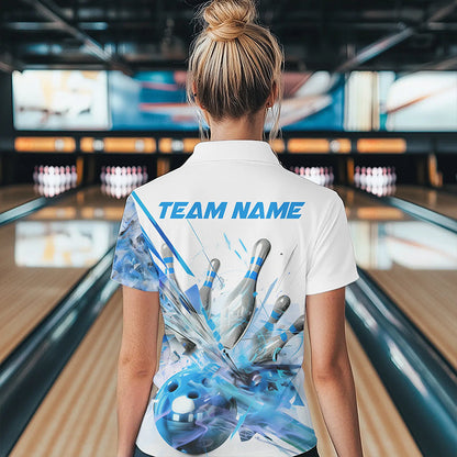 Custom White And Blue Custom Bowling Polo Shirts For Women, Bowling Tournament Team Shirt IPHW8461