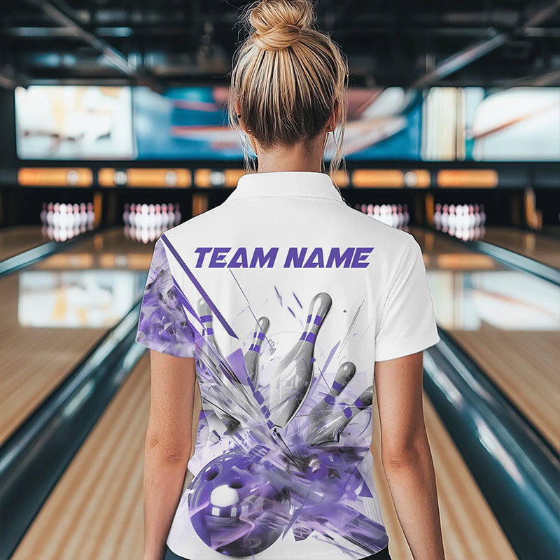 Custom White And Purple Custom Bowling Polo Shirts For Women, Bowling Tournament Team Shirt IPHW8462