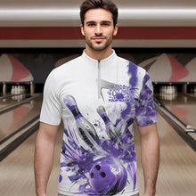 Load image into Gallery viewer, Custom White And Purple Custom Bowling Quarter-Zip Shirts For Men, Bowling Tournament Team Shirt IPHW8462