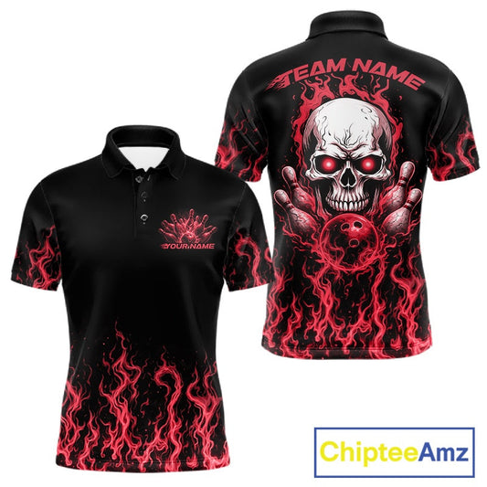 Custom Red Flame Skull Bowling Team Shirts For Men, Halloween Bowling Jerseys IPHW10553
