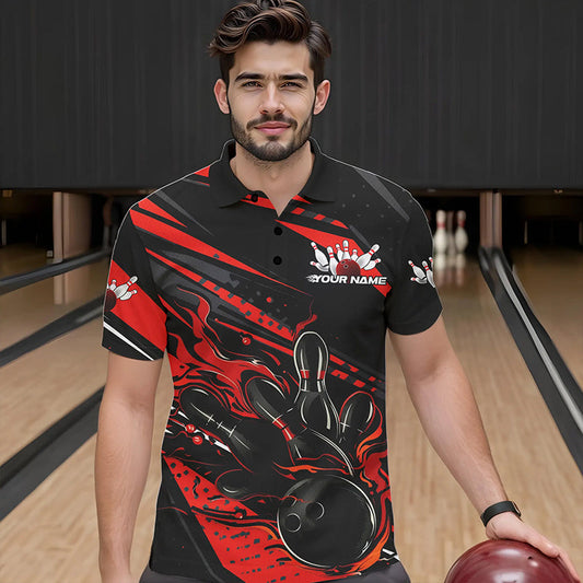 Custom Black And Red Flame Men Bowling Polo Shirts, Fire Bowling Ball Bowling Team Shirt IPHW8697
