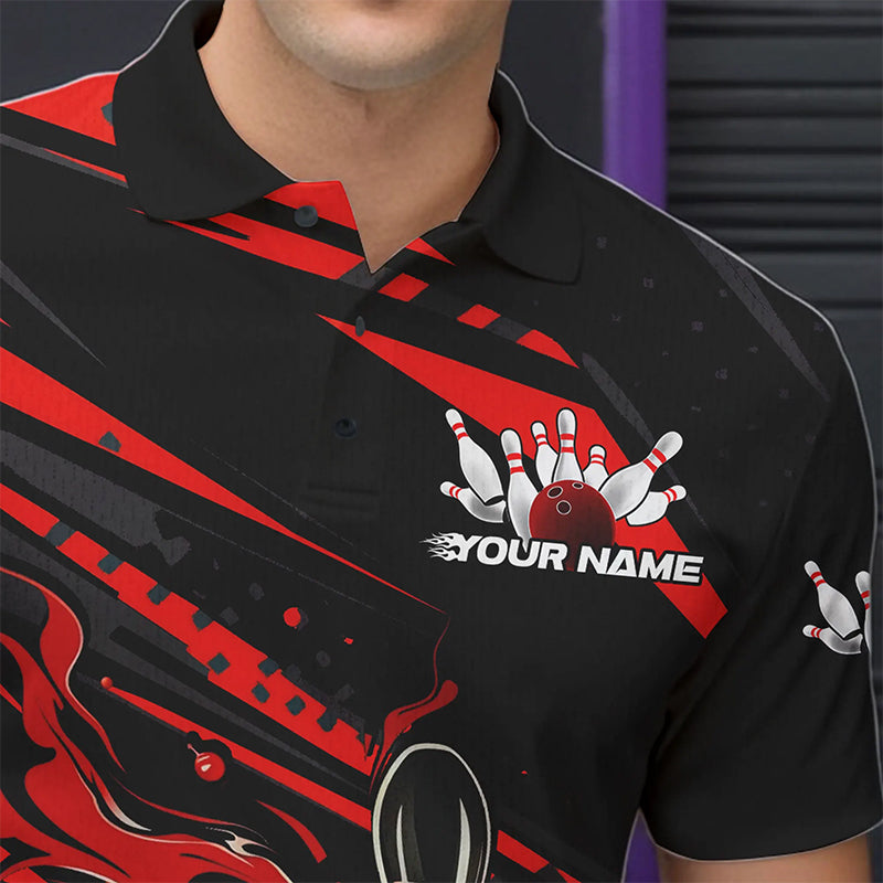 Custom Black And Red Flame Men Bowling Polo Shirts, Fire Bowling Ball Bowling Team Shirt IPHW8697