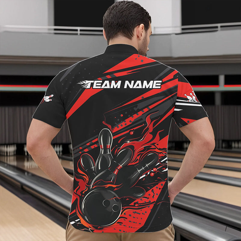 Custom Black And Red Flame Men Bowling Quarter-Zip Shirts, Fire Bowling Ball Bowling Team Shirt IPHW8697