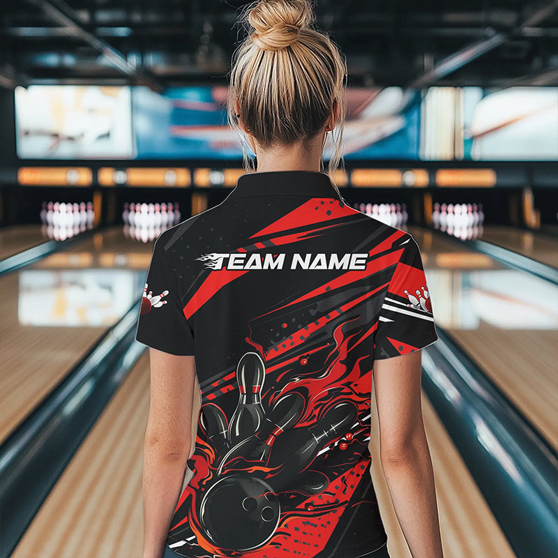 Custom Black And Red Flame Women Bowling Quarter-Zip Shirts, Fire Bowling Ball Team Shirt IPHW8697