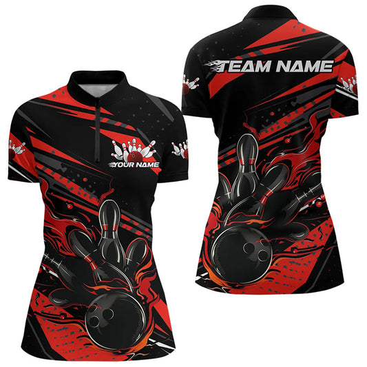 Custom Black And Red Flame Women Bowling Quarter-Zip Shirts, Fire Bowling Ball Team Shirt IPHW8697