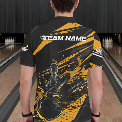 Custom Black And Gold Flame Men Bowling Polo Shirts, Fire Bowling Ball Bowling Team Shirt IPHW8698