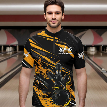 Custom Black And Gold Flame Men Bowling Quarter-Zip Shirts, Fire Bowling Ball Bowling Team Shirt IPHW8698