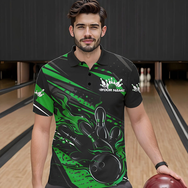 Custom Black And Green Flame Men Bowling Polo Shirts, Fire Bowling Ball Bowling Team Shirt IPHW8699