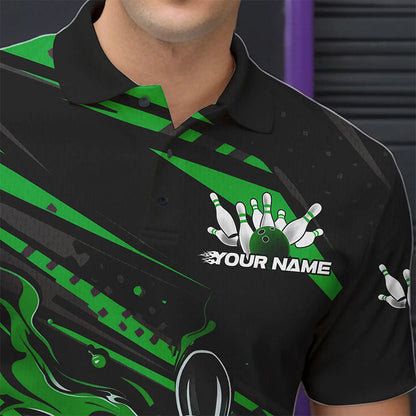 Custom Black And Green Flame Men Bowling Polo Shirts, Fire Bowling Ball Bowling Team Shirt IPHW8699