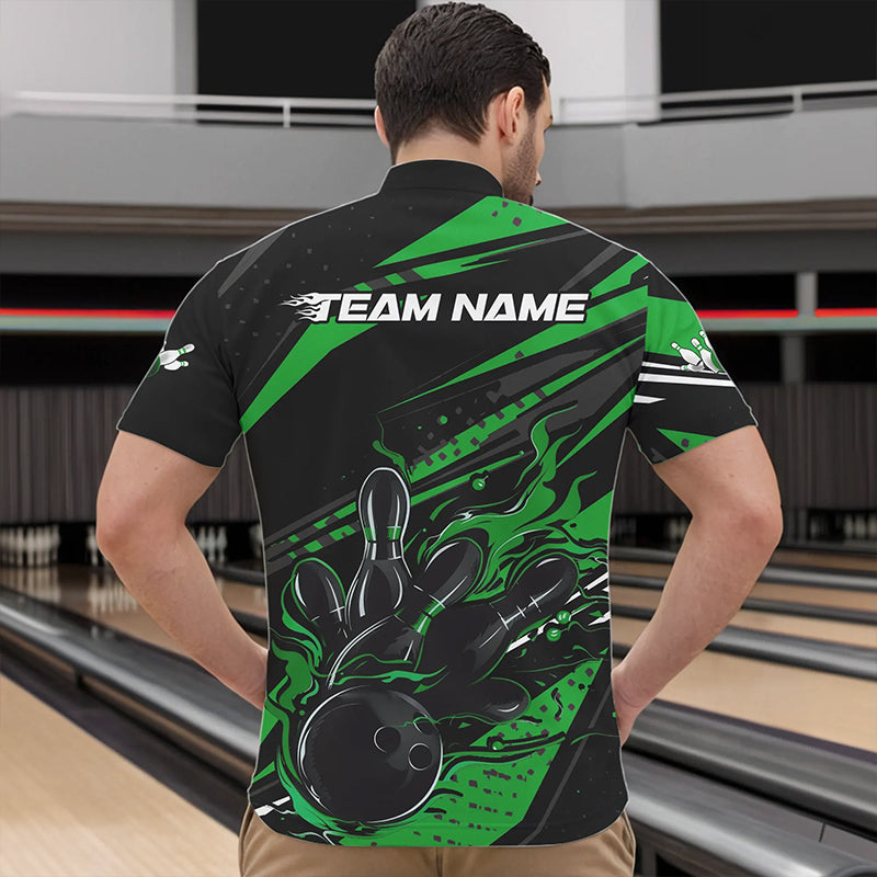 Custom Black And Green Flame Men Bowling Quarter-Zip Shirts, Fire Bowling Ball Bowling Team Shirt IPHW8699