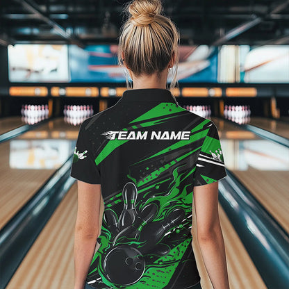 Custom Black And Green Flame Women Bowling Quarter-Zip Shirts, Fire Bowling Ball Team Shirt IPHW8699