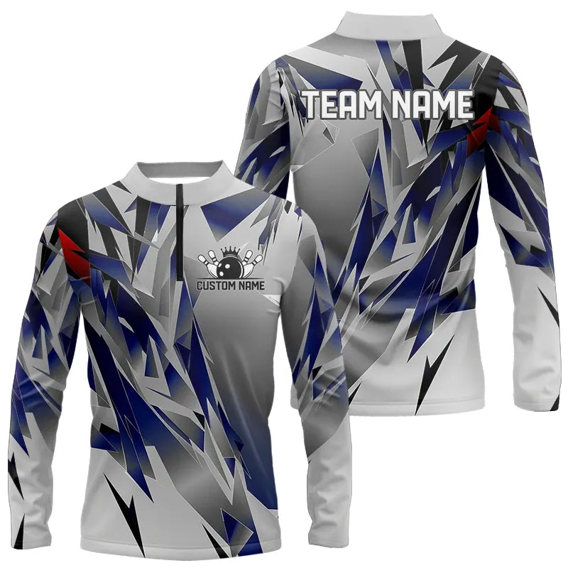 Blue And Gray Custom Men Bowling Team Long Sleeve Quarter-Zip Shirts, Bowling Tournament Jerseys IPHW6188