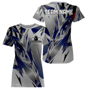 Blue And Gray Custom Women Bowling Team T-Shirts Shirts, Bowling Tournament Jerseys For Bowlers IPHW6188