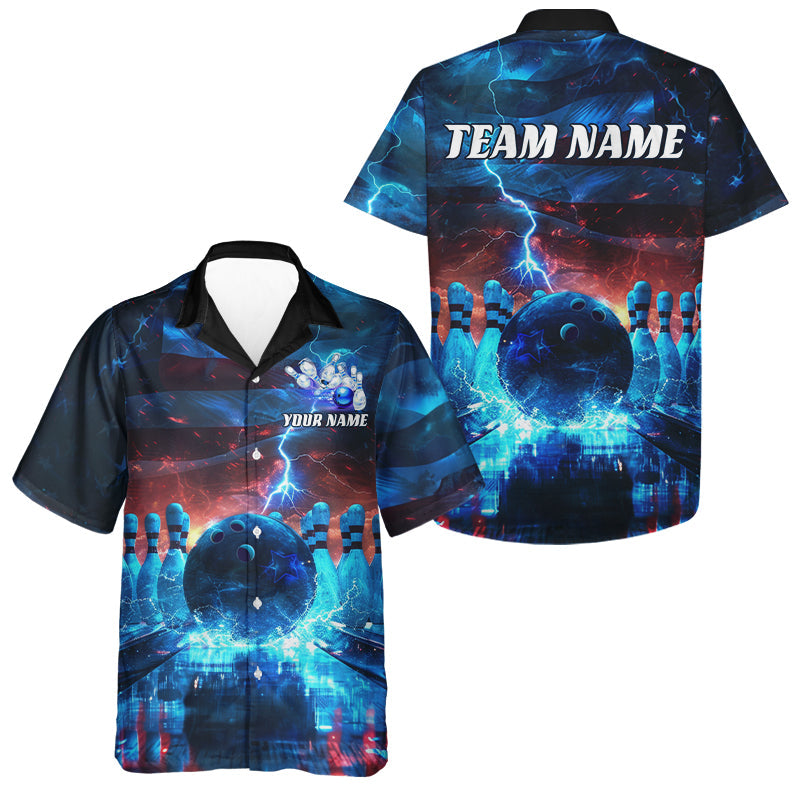 Blue Lightning Patriotic American Flag Custom Bowling Team Shirts For Men And Women IPHW6675