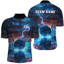 Load image into Gallery viewer, Blue Lightning Patriotic American Flag Custom Bowling Team Shirts For Men And Women IPHW6675