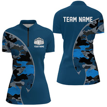 Load image into Gallery viewer, Blue Navy Camo Custom Bowling Polo, Quarter Zip Shirts With Bowler'S Name And Team Name IPHW6679