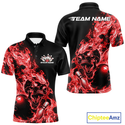 Front and back views of a black bowling polo with red flame graphics, skull artwork, bowling ball and pin details, and customizable name text.