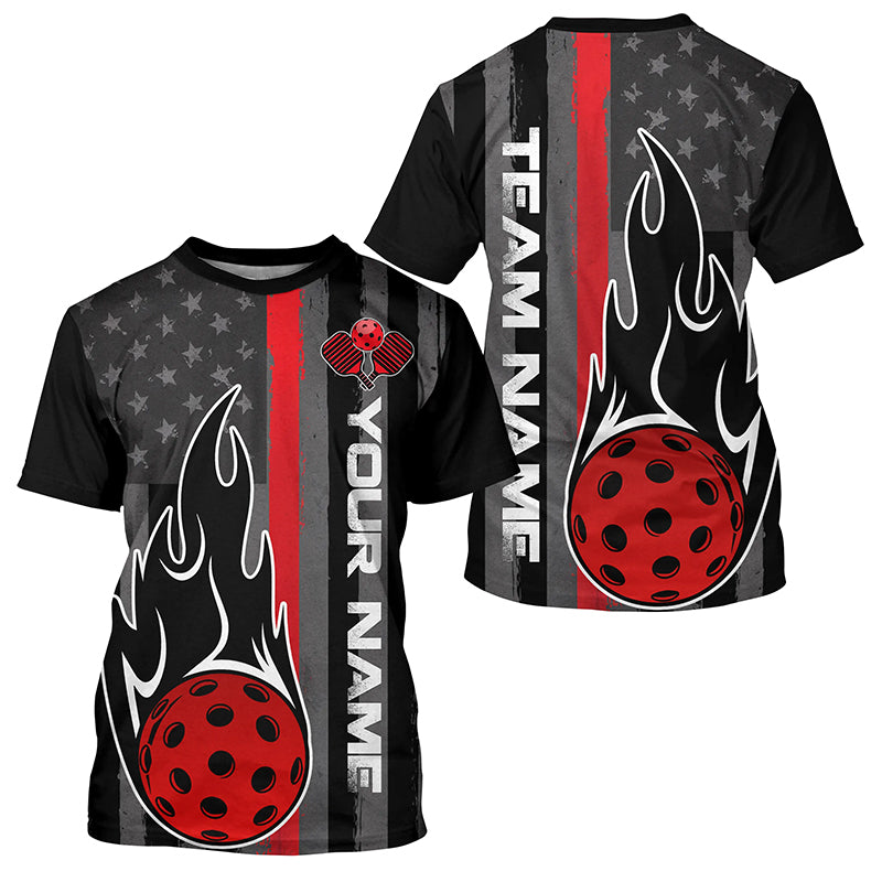 Red Thin Line American Flag Custom US Pickleball T-Shirts For Men, Patriotic Pickleball Team Uniform IPHW7763