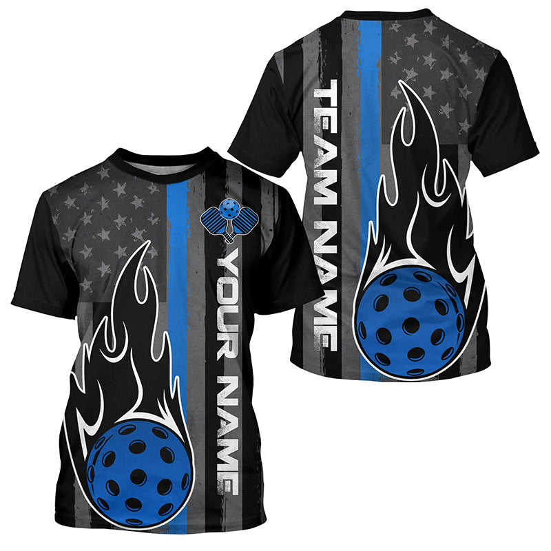 Blue Thin Line American Flag Custom US Pickleball T-Shirts For Men, Patriotic Pickleball Team Uniform IPHW7764