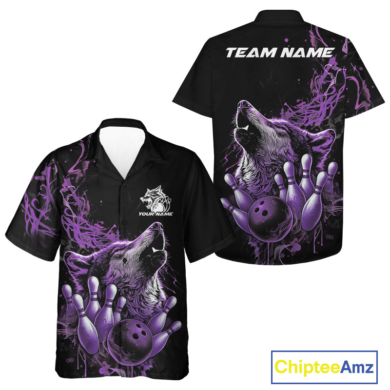 Custom Purple Wolf Howling Men And Women Hawaiian Shirt, Wolf Bowling Team Jerseys IPHW10159