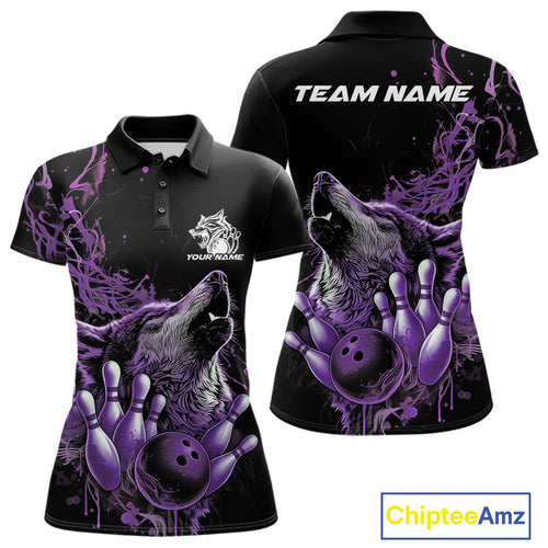 Custom Purple Wolf Howling Women Polo Shirt, Wolf Bowling Team Jerseys IPHW10159