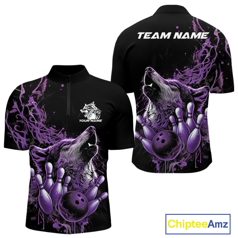 Custom Purple Wolf Howling Men Quarter-Zip Shirt, Wolf Bowling Team Jerseys IPHW10159