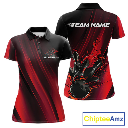 Custom Black And Red Gradient Flame Bowling Team Jerseys, Fire Bowling Shirt For Women IPHW10570