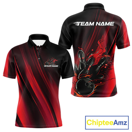 Custom Black And Red Gradient Flame Bowling Team Jerseys, Fire Bowling Shirt For Men IPHW10570