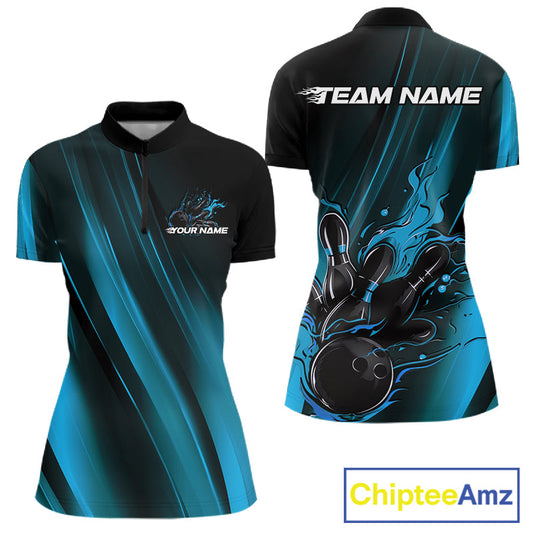 Custom Black And Blue Gradient Flame Bowling Team Jerseys, Fire Bowling Shirt For Women IPHW10571