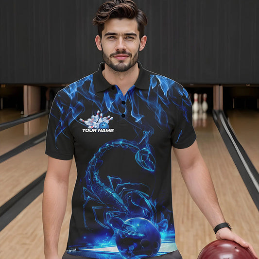 Custom Black And Blue Flame Scorpio Zodiac Bowling Men Polo Shirts, Scorpion Bowling Team IPHW8969