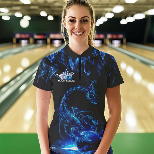 Custom Black Blue Flame Scorpio Zodiac Bowling Women Quarter-Zip Shirt, Scorpion Bowling IPHW8969
