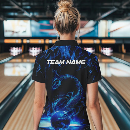 Custom Black Blue Flame Scorpio Zodiac Bowling Women Quarter-Zip Shirt, Scorpion Bowling IPHW8969