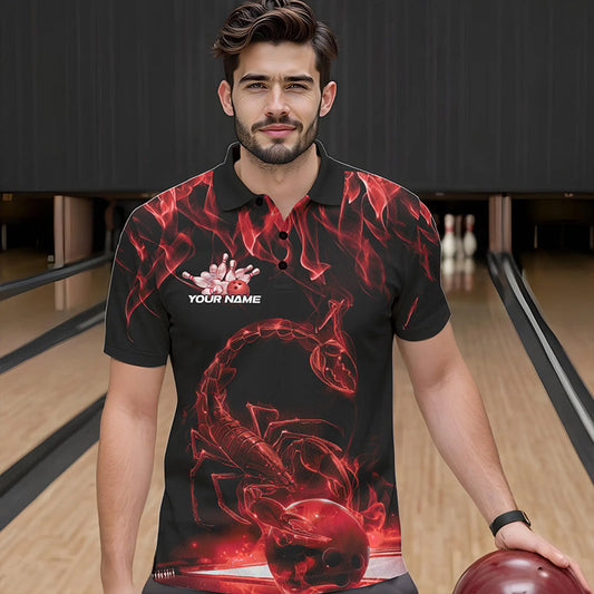 Custom Black And Red Flame Scorpio Zodiac Bowling Men Polo Shirts, Scorpion Bowling Team IPHW8970