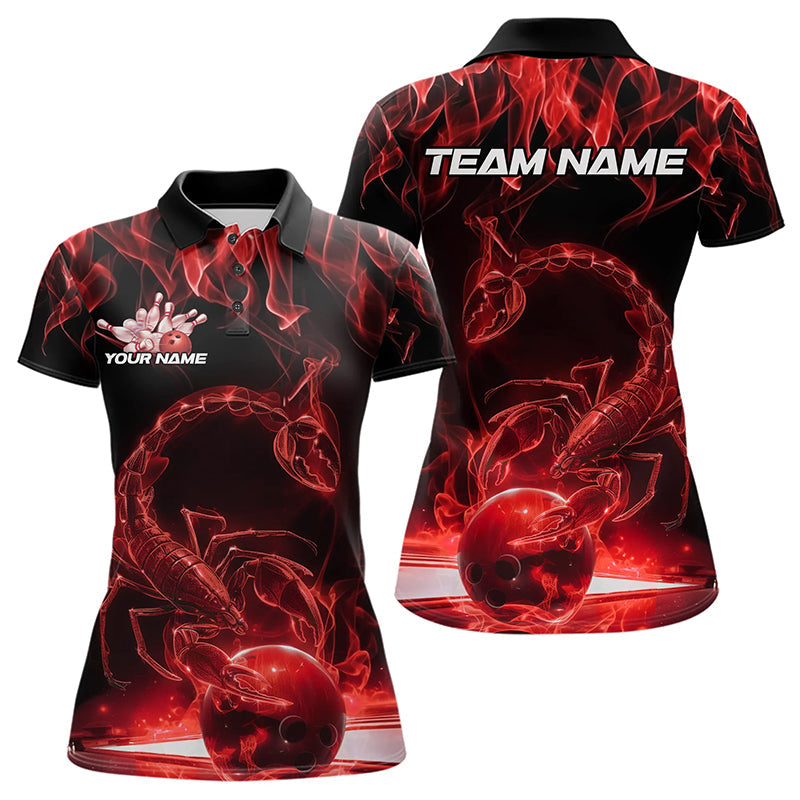 Custom Black Red Flame Scorpio Zodiac Bowling Women Polo Shirts, Scorpion Bowling Team IPHW8970