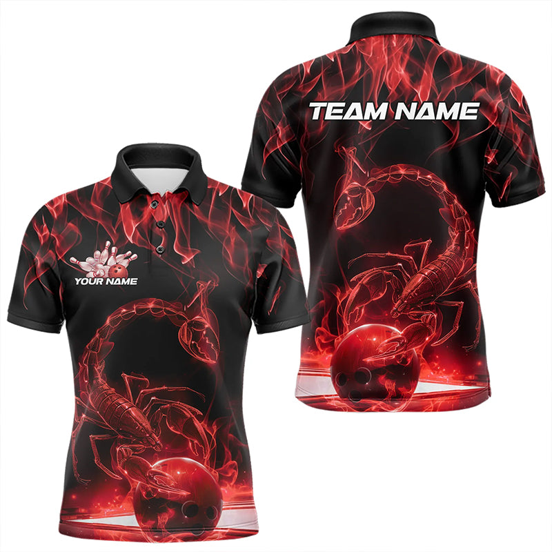 Custom Black And Red Flame Scorpio Zodiac Bowling Men Polo Shirts, Scorpion Bowling Team IPHW8970