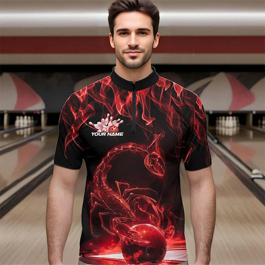 Custom Black And Red Flame Scorpio Zodiac Bowling Men Quarter-Zip Shirts, Scorpion Bowling Team IPHW8970