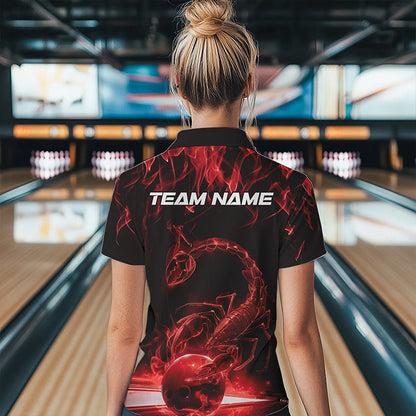 Custom Black Red Flame Scorpio Zodiac Bowling Women Quarter-Zip Shirt, Scorpion Bowling IPHW8970