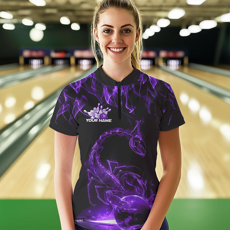 Custom Black Purple Flame Scorpio Zodiac Bowling Women Quarter-Zip Shirt IPHW8971