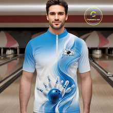 Load image into Gallery viewer, Custom Blue Bowling Jerseys For Men, Bowling Team Tournament Quarter-Zip Shirt Bowler Outfit IPHW11366