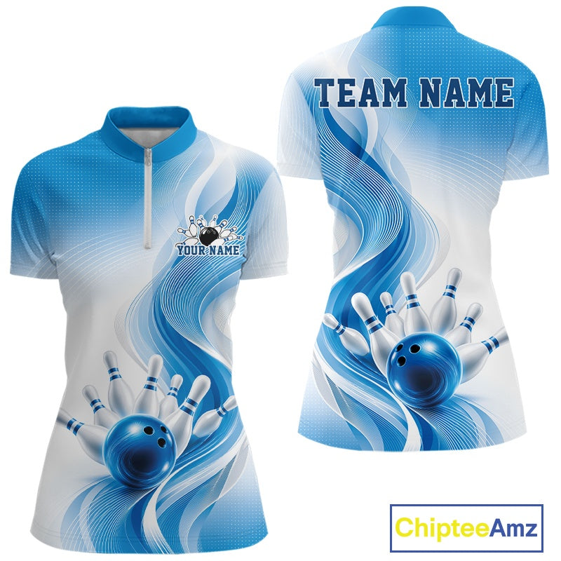 Front and back mockup of a womens white and blue bowling quarter zip with flowing abstract wave graphics and glossy bowling strike artwork