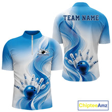 Load image into Gallery viewer, Custom Blue Bowling Jerseys For Men, Bowling Team Tournament Quarter-Zip Shirt Bowler Outfit IPHW11366