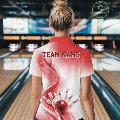 Womens white and red bowling quarter-zip shirt shown from the back, highlighting sweeping wave patterns and bowling-themed graphics