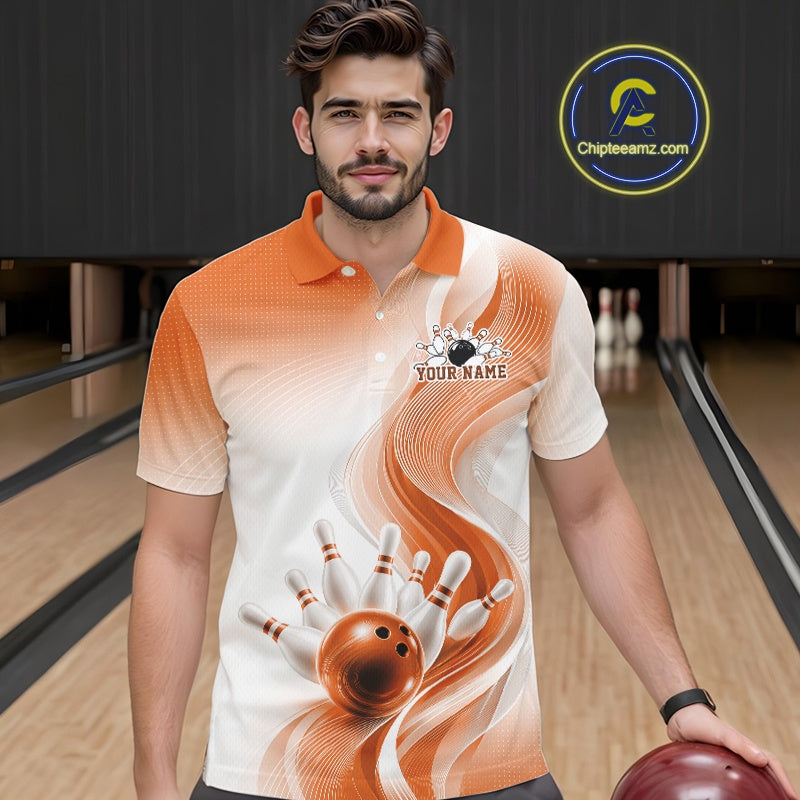Front view of a male model wearing a white and orange bowling polo shirt with elegant wave patterns and a glossy bowling strike design