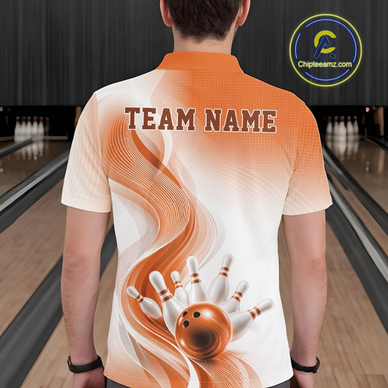 Back view of a male model wearing a white and orange bowling polo shirt with flowing abstract graphics and bowling action details